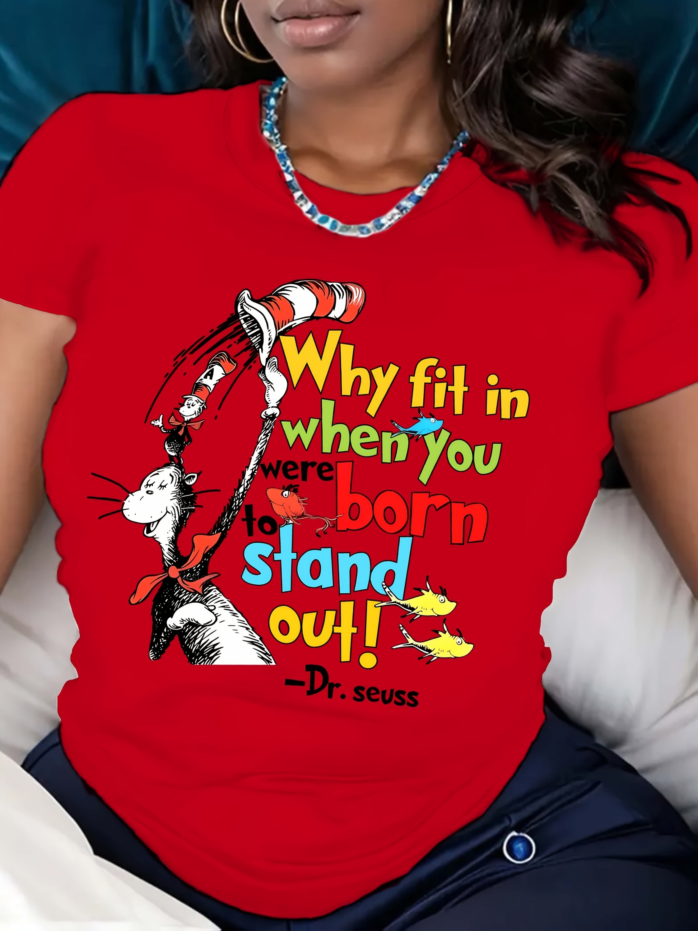 Women's Red Cartoon Graphic T-Shirt - "Why Fit In When You Were Born to Stand Out!" Dr. Seuss Quote, Casual Short Sleeve Crew Neck Top, Perfect for Spring & Summer