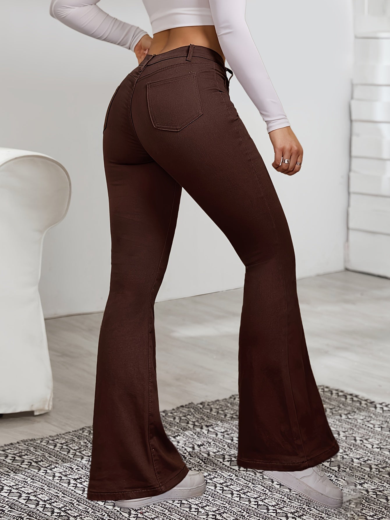 1pc Women'S High Waist Coffee Brown Flare Jeans, Casual Solid Color Denim, All-Season Long Pants with Button Fly, Skinny Fit, Washed Detail, Woven Fabric, Stretchy (98% Rayon, 2% Spandex)