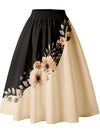 Print Midi Skirt with Elastic Waistband - Black & Beige Floral Pattern, Machine Washable, All-Season Versatile Women's Skirt for Casual & Formal Outfits, Casual Wear Skirt | Floral Print Midi Skirt | Structured Pleats