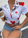Letter Print Button Up Shirt, Elegant Lapel Collar Short Sleeve Shirt For Spring & Summer, Women's Clothing
