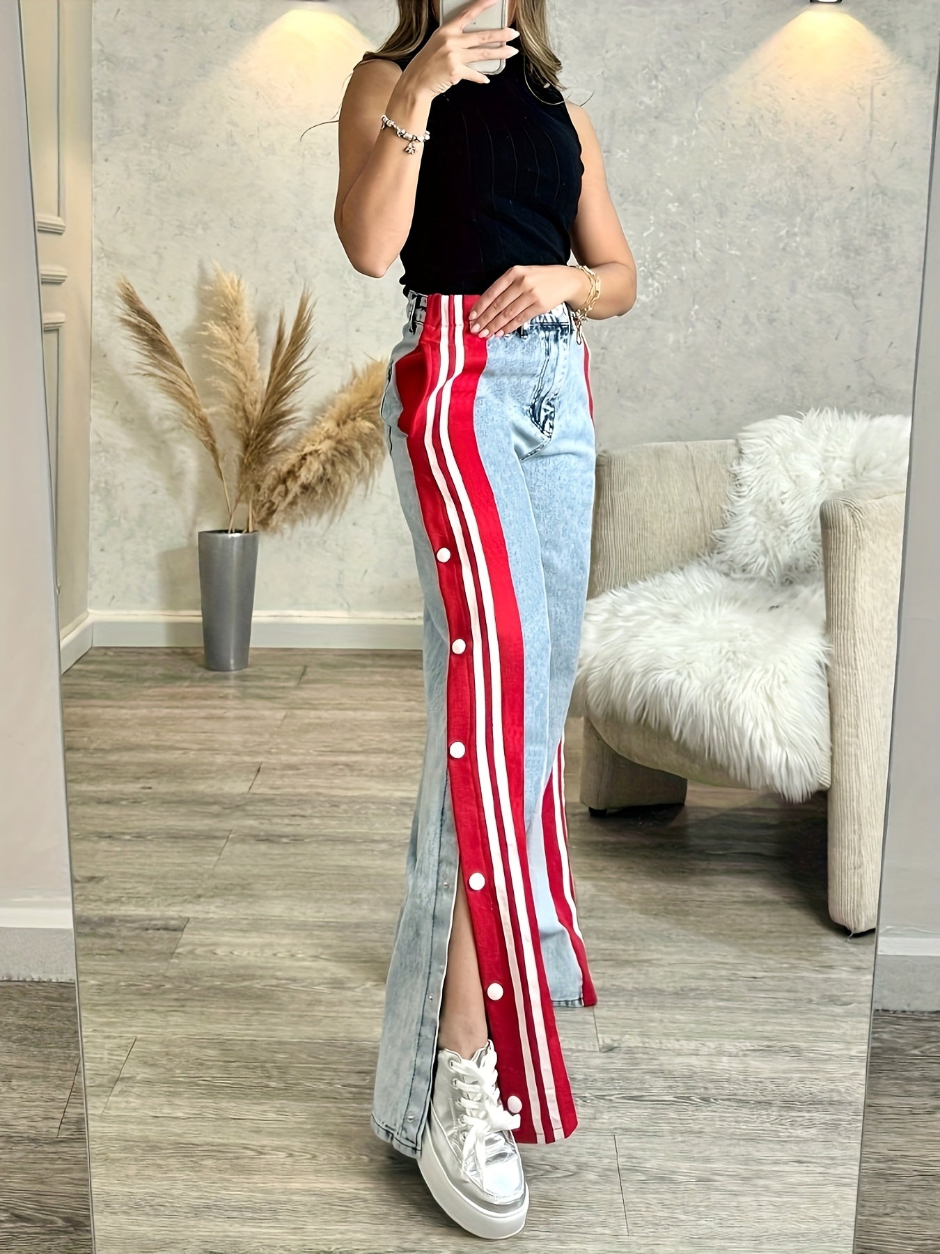 Striped Spliced Button Wide Leg Jeans