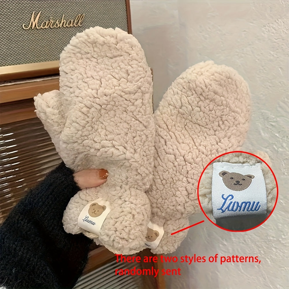 Winter Fleece Mittens with Hanging Cord, Plush Lamb Lined Warm Gloves, Windproof Thermal Thickened for Outdoor Cycling and Going Out - Hand Washable Woven Craftsmanship, Elastic Fit