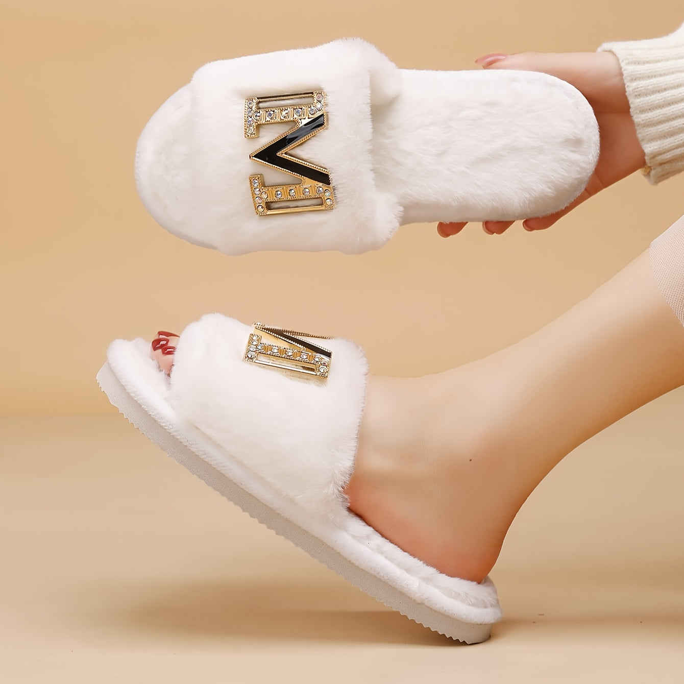 Women's Plush Slippers with Metallic "M" Design - Soft Sole, Cozy Fuzzy Fabric, Black & White Options, Comfortable Indoor Shoes for All Seasons, Ladies Slippers