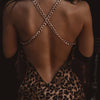 Leopard Print Split Thigh Backless Cami Dress, Elegant Chain Strap Crisscross Sleeveless Dress For Spring & Summer, Women's Clothing