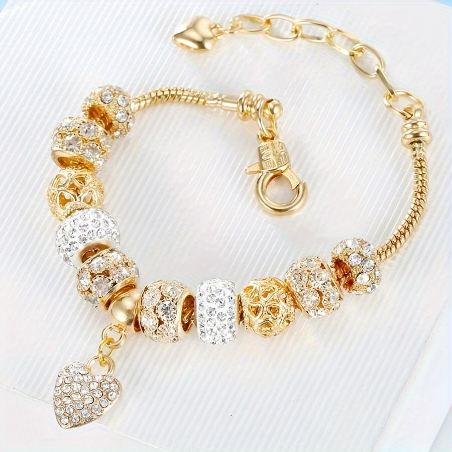 Elegant 14K Golden Plated Copper Bracelet with Glass Beads and Heart Charm for Women - Party and Vacation Accessory