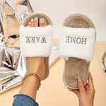 Women's Cozy Plush Slippers with Embroidered "HOME" Lettering - Lightweight, Open-Toe Design, Soft EVA Sole, Fluffy Black & Cream Indoor Shoes for All Seasons, Hand Washable, House Slippers