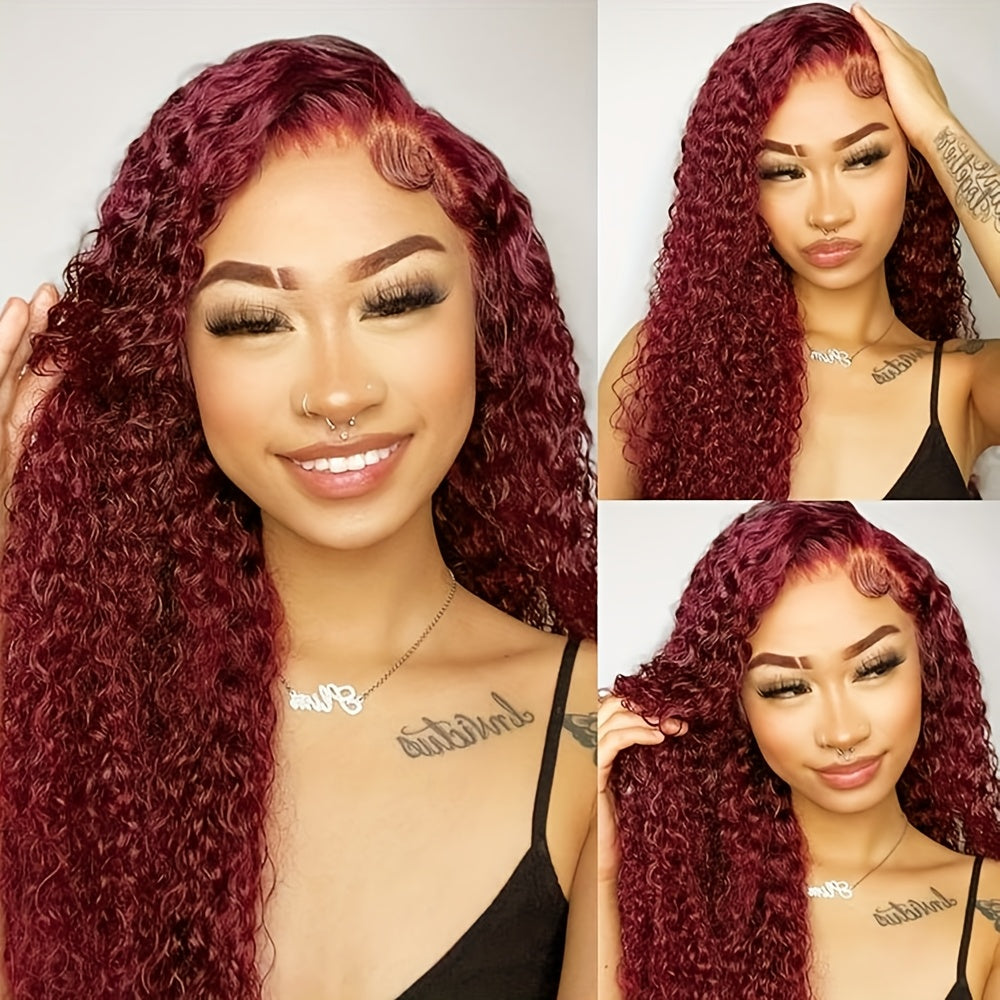 Kinky Curly Lace Front Wigs Synthetic Burgundy 13x4x1 T Part HD Transparent Lace Long Afro Curly Bouncy Hair 30 Inch Natural Wine Red Color Hair Heat Friendly For Women Girls Party Daily Makeup Use Ready To Wear 180% Full Den
