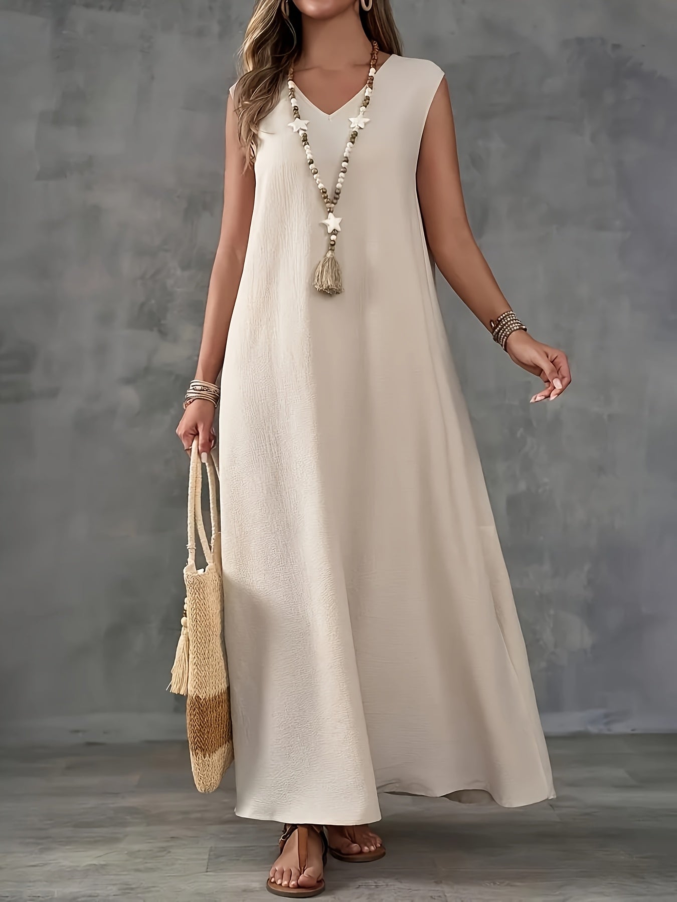 Women's Elegant V-Neck Sleeveless Maxi Dress - Solid Color, A-Line Cut, Lightweight Polyester Fabric, Perfect for Spring/Summer Casual Wear, Casual Elegant Dress | Minimalist Style | Glossy Texture, Cute Dress