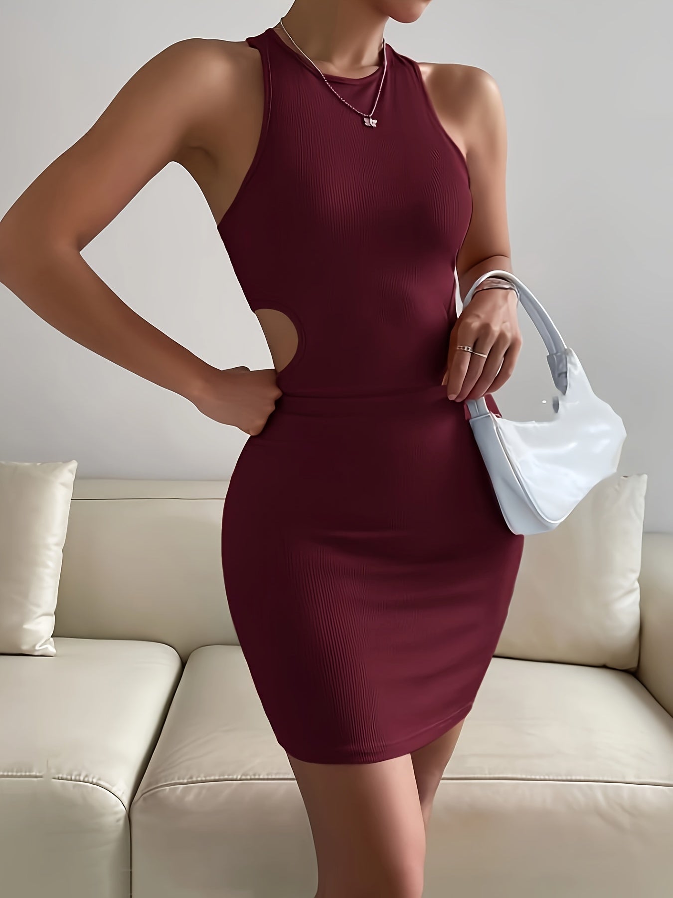 Solid Cut Out Bodycon Dress, Sexy Crew Neck Sleeveless Tank Dress, Women's Clothing