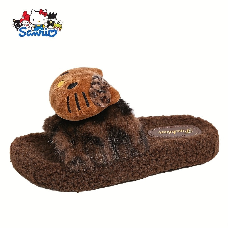 Cozy Hello Kitty Plush Leopard Print Slippers - Non-Slip Soft Sole, Lightweight & Washable, Perfect for Home & Camping, Cute Cartoon Design with Fluffy White Trim, Cozy Indoor Shoes | Playful Bedroom Shoes | PVC Sole Slippers