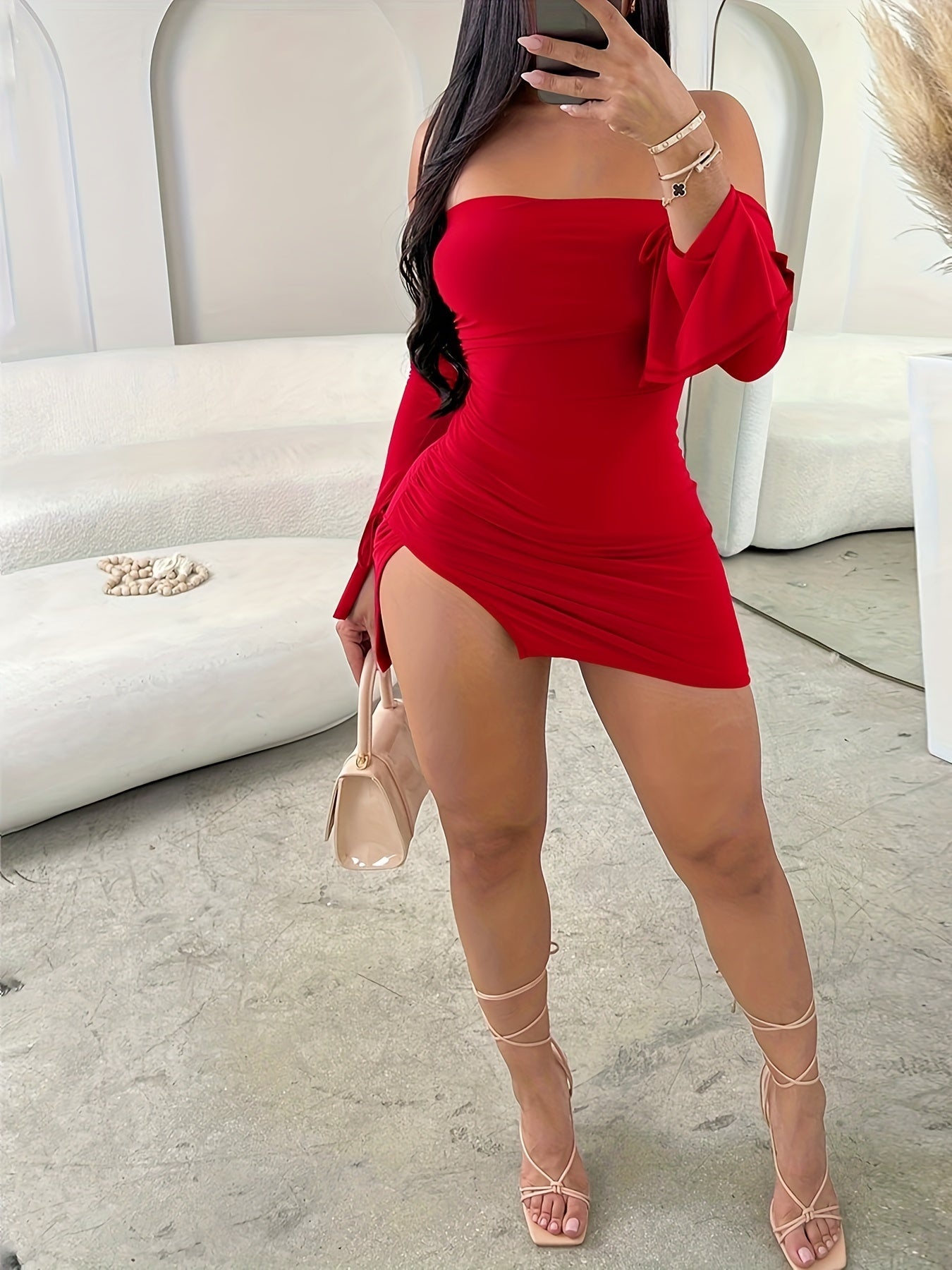 Women's Sexy Off-the-Shoulder Bodycon Mini Dress - Polyester Knit Fabric, Elegant Solid Color with Side Split Detail, Elasticized Polyester 95%, Elastane 5% Blend for All Season Appeal
