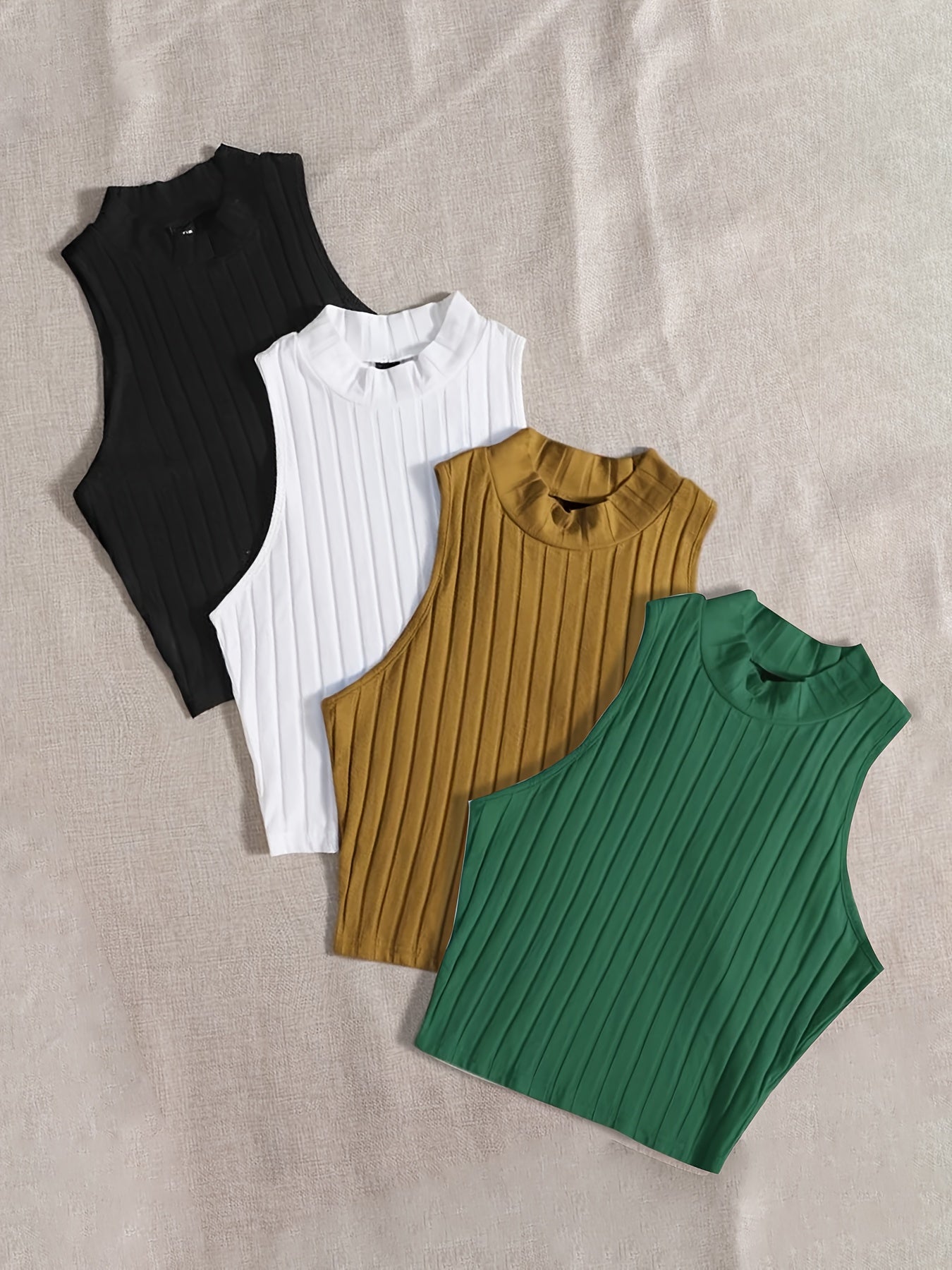 Women's 4-Piece Solid Color Sleeveless Crop Tank Top Set – Crew Neck Knit Tops for Spring & Summer Layering