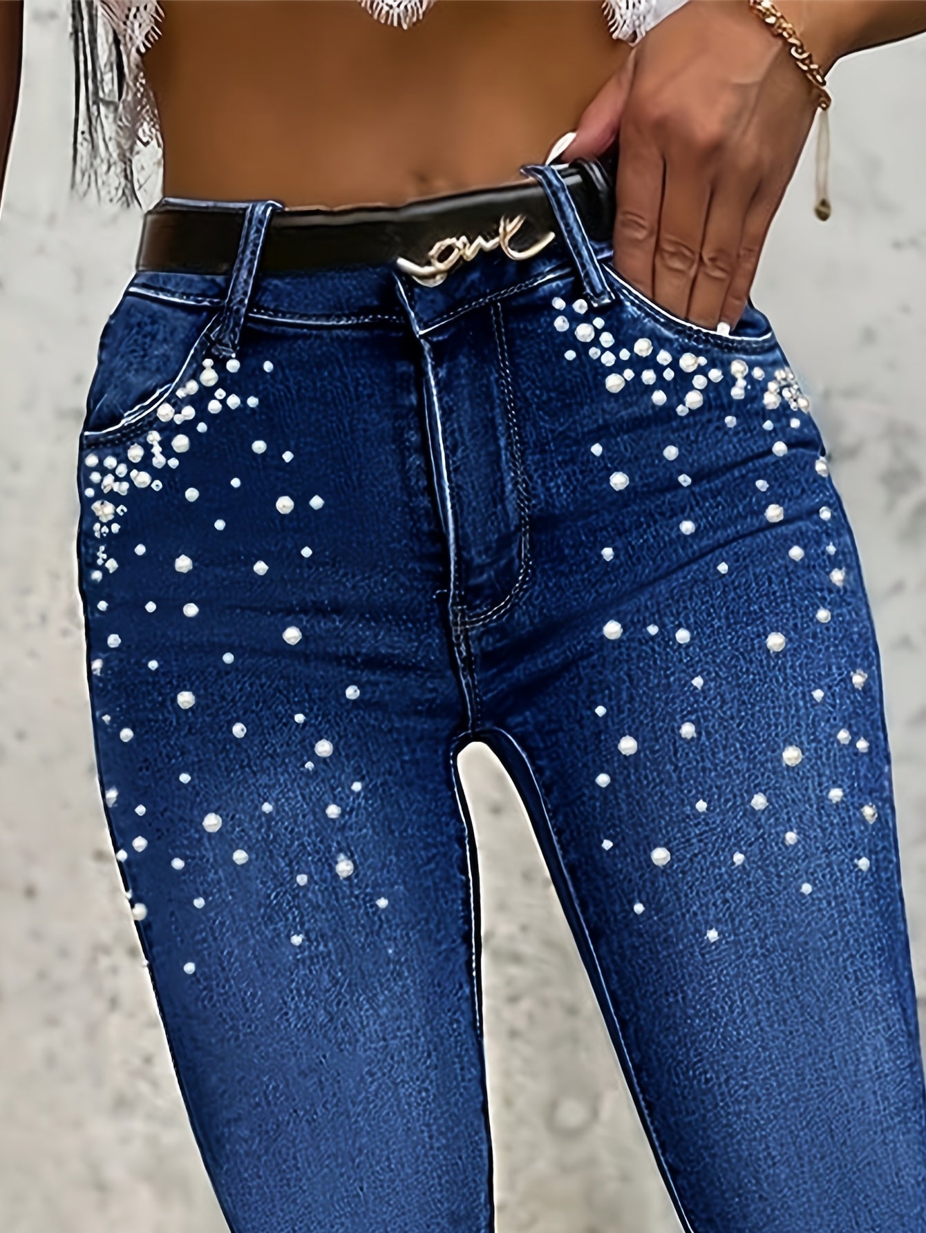 Fashionable High Waisted Slim Fit Casual Women'S Jeans, Adorned With Artificial Pearl Craftsmanship, Light Blue, Fashionable Street Tight Pants
