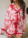 Women Aesthetic Pajamas 2pcs Long Sleeve Bow Lace Up Shirt and Shorts Spring Summer Loungewear Cute Heart Print Sleepwear