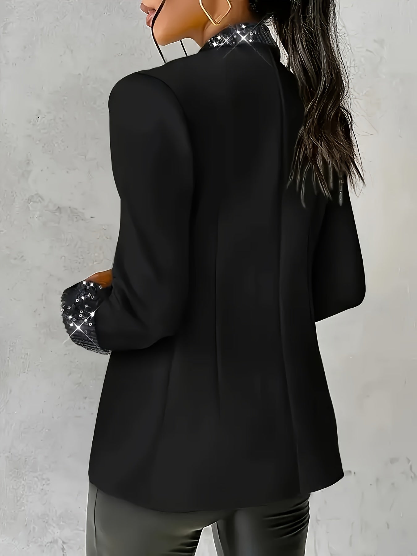 Elegant Women'S Jacket with a Round Collar And Sequined Cuffs, Featuring Long Sleeves.