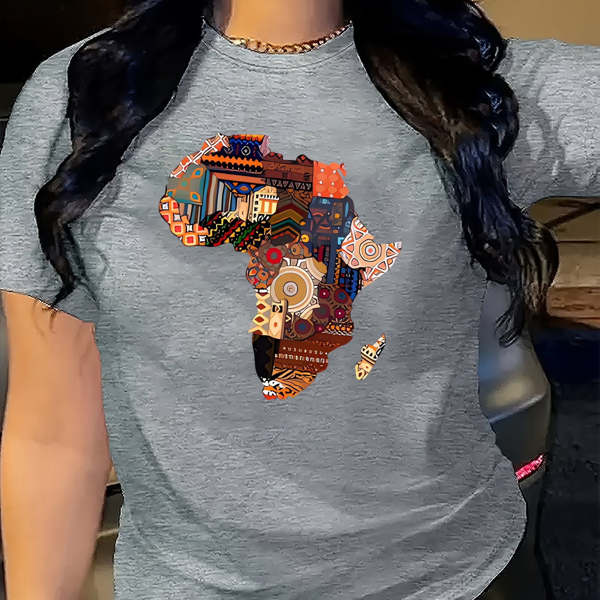 Women's African-Inspired Patchwork Print Casual Short Sleeve T-Shirt - Vibrant Red Round Neck Top with Cultural Motifs, Medium Stretch & Machine Washable for Spring/Summer, Casual Attire, Comfortable Fabric