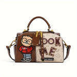 Vintage Cartoon Bear Print PU Leather Shoulder Bag with Embroidered Detail, Removable Strap, Zipper Closure, Polyester Lined, Animal Print Design, Edge Painted Boston Handbag