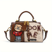 Vintage Cartoon Bear Print PU Leather Shoulder Bag with Embroidered Detail, Removable Strap, Zipper Closure, Polyester Lined, Animal Print Design, Edge Painted Boston Handbag
