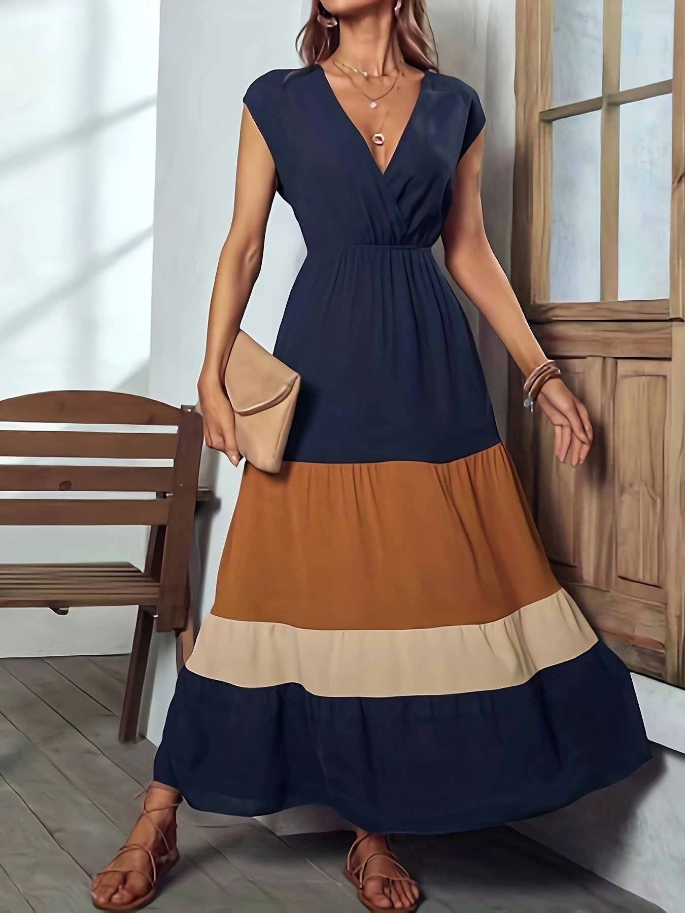 Vibrant Color Block Surplice Neck Maxi Dress - Elegant Sleeveless A-Line Silhouette, Micro Elasticity, Polyester Fabric, Solid Color, Summer Essential - Womens Elegant Clothing for Special Occasions
