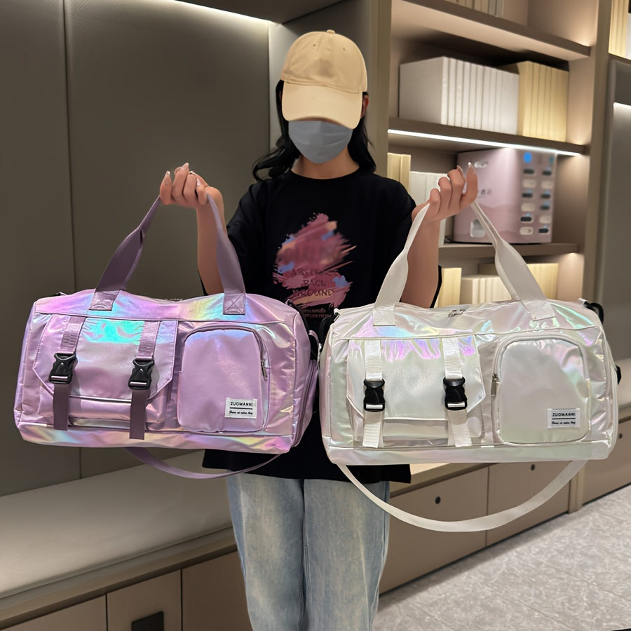Large Capacity Women'S Nylon Travel Duffel Bag - Pink Iridescent Weekender Gym Tote with Shoe Compartment, Shoulder Strap & Multiple Pockets - Versatile Sports & Fitness Carry-On