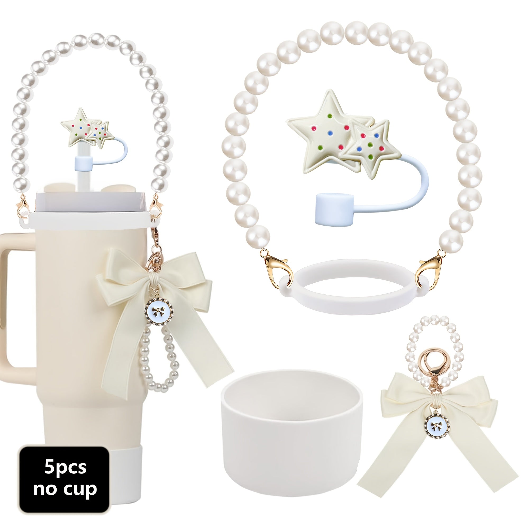5pcs Tumbler Accessory Kit: Pearl Strap, Bow Keychain, Silicone Boot & Star Straw Cover - Compatible with 40oz & 30oz ST Cups - For Tumbler Enthusiasts - Perfect Gift for Birthdays & Holidays