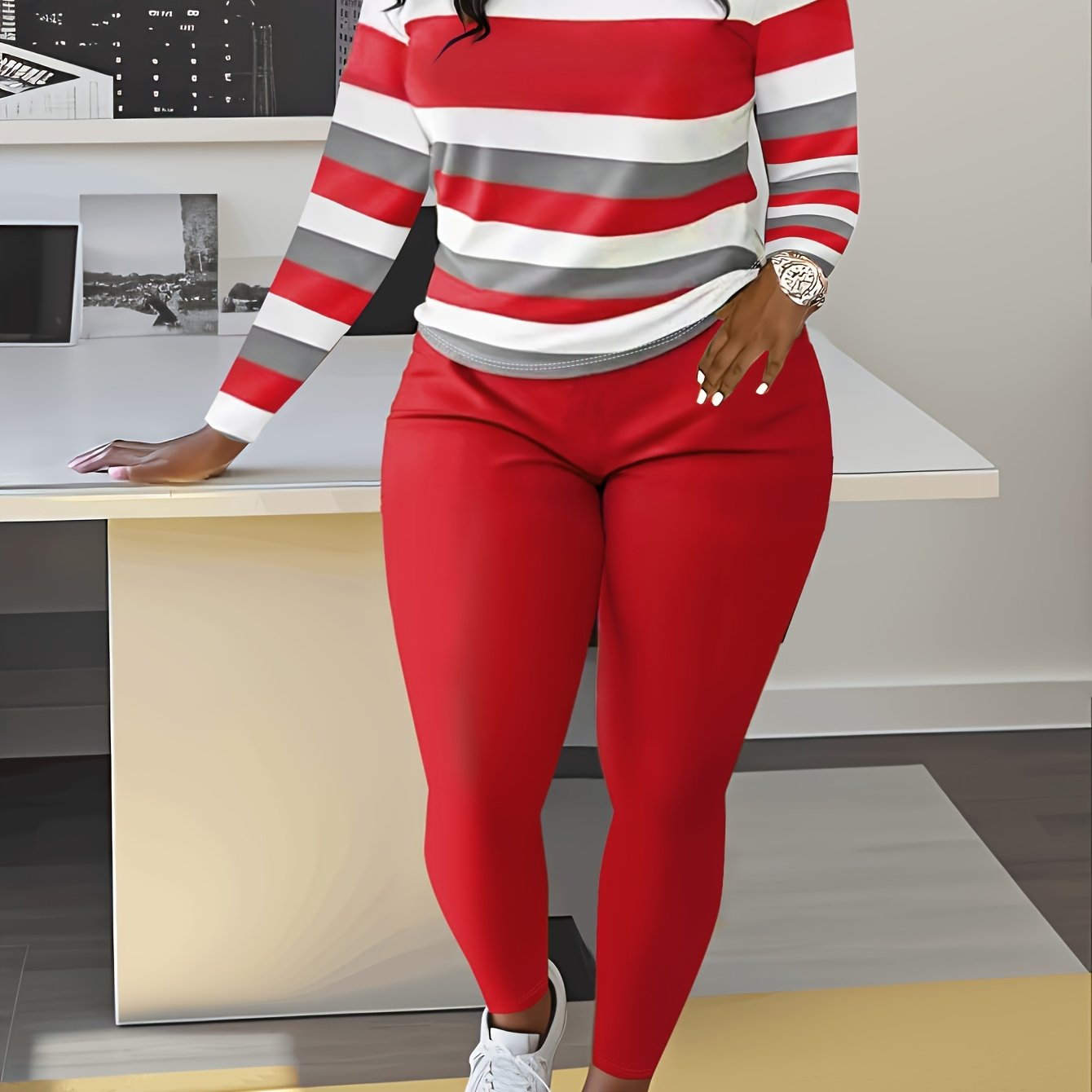 Slim Matching Two-piece Set, Casual Long Sleeve Crew Neck Striped Color Block T-shirt & Solid Elastic Waist Pants Outfits, Women's Clothing
