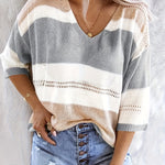 Lightweight Color Block V-Neck Sweater - Fashionable Half Sleeve Knit Top for Spring & Summer - Stylish, Comfortable, Versatile Womens Clothing for Transition Seasons