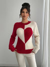 Women's Knit Heart Top – Cozy High Neck Valentine’s Day Pullover Sweater, Soft Polyester Knit for Fall & Winter
