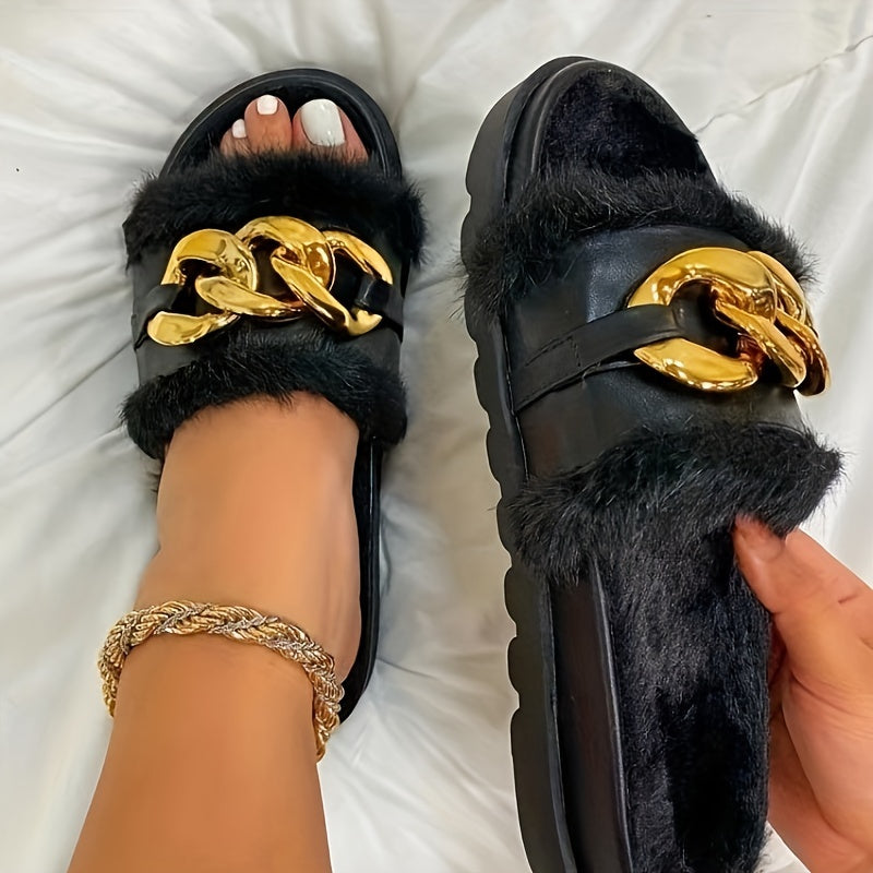 Womens Cozy Woolen Open Toe Slippers - Ultra-Soft Plush Lining, Thick and Warm Flat Sole, Elegant Golden Chain Accent - Perfect for Autumn and Winter Home Lounging