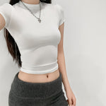 Women's Cropped T-Shirt - Sexy Slim Fit Short Sleeve Top with Round Neck, Medium Stretch Fabric, Machine Washable, Solid Color Summer Casual & Evening Wear