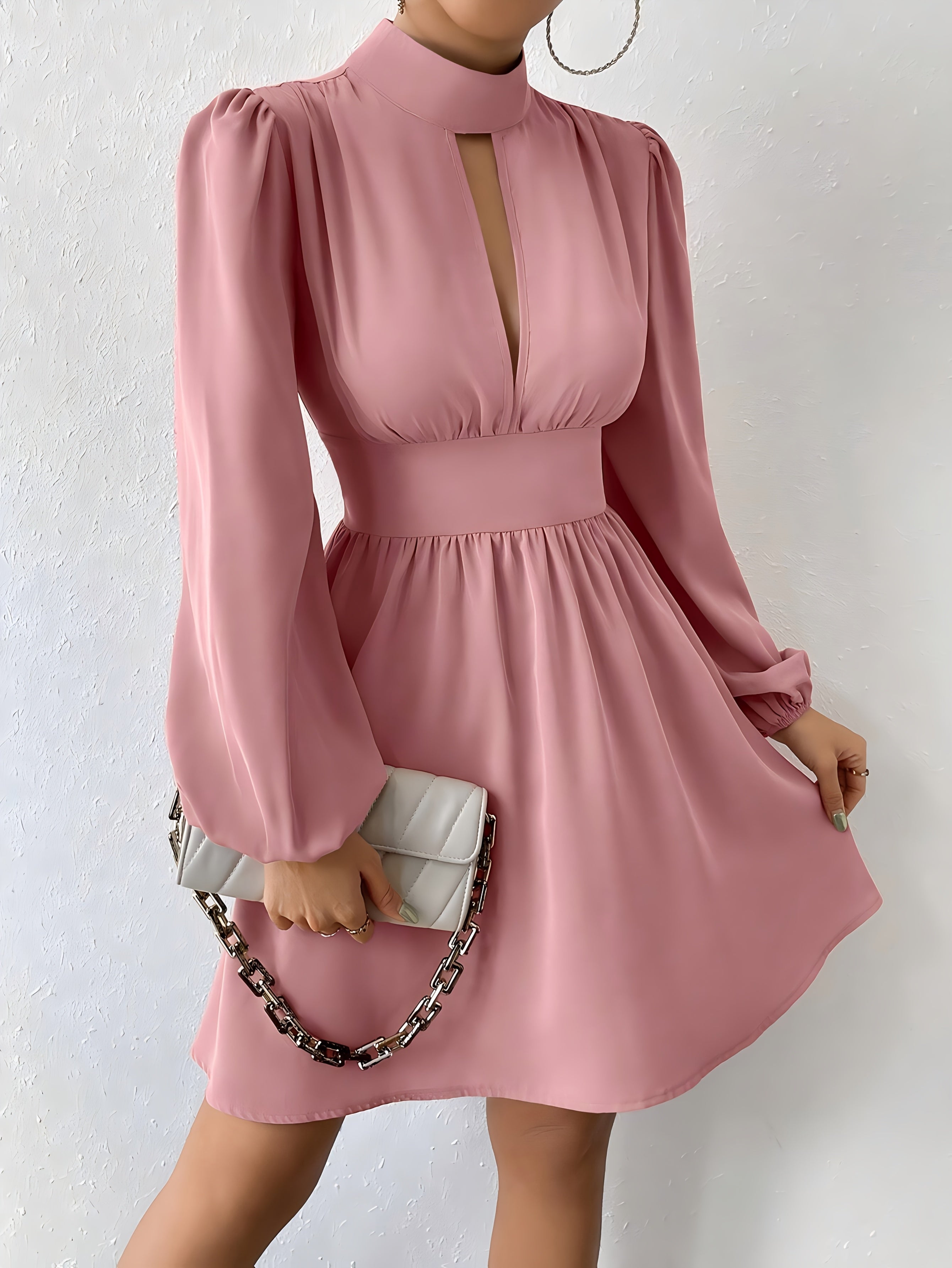 Women's Elegant Waist-Cinching Long Sleeve Dress - Soft Pink Small Round Neck Blouse-Style Top with Flared Skirt, Machine Washable Spring/Fall Office & Casual Wear