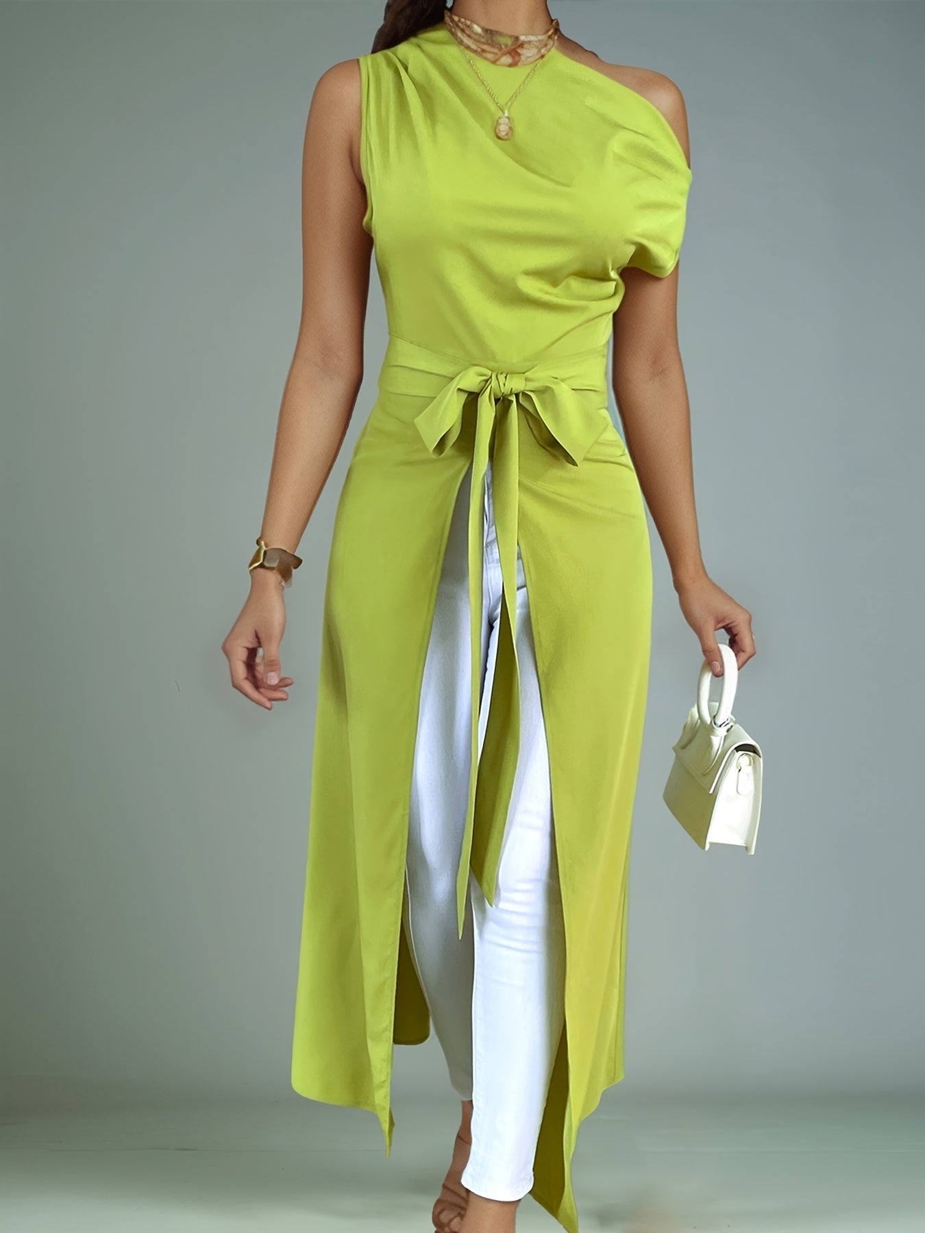 Elegant Off-Shoulder Lime Green Maxi Dress with Front Slit and Tie Waist - Long Sleeve, Polyester Blend, Sophisticated Knot Detail for Women