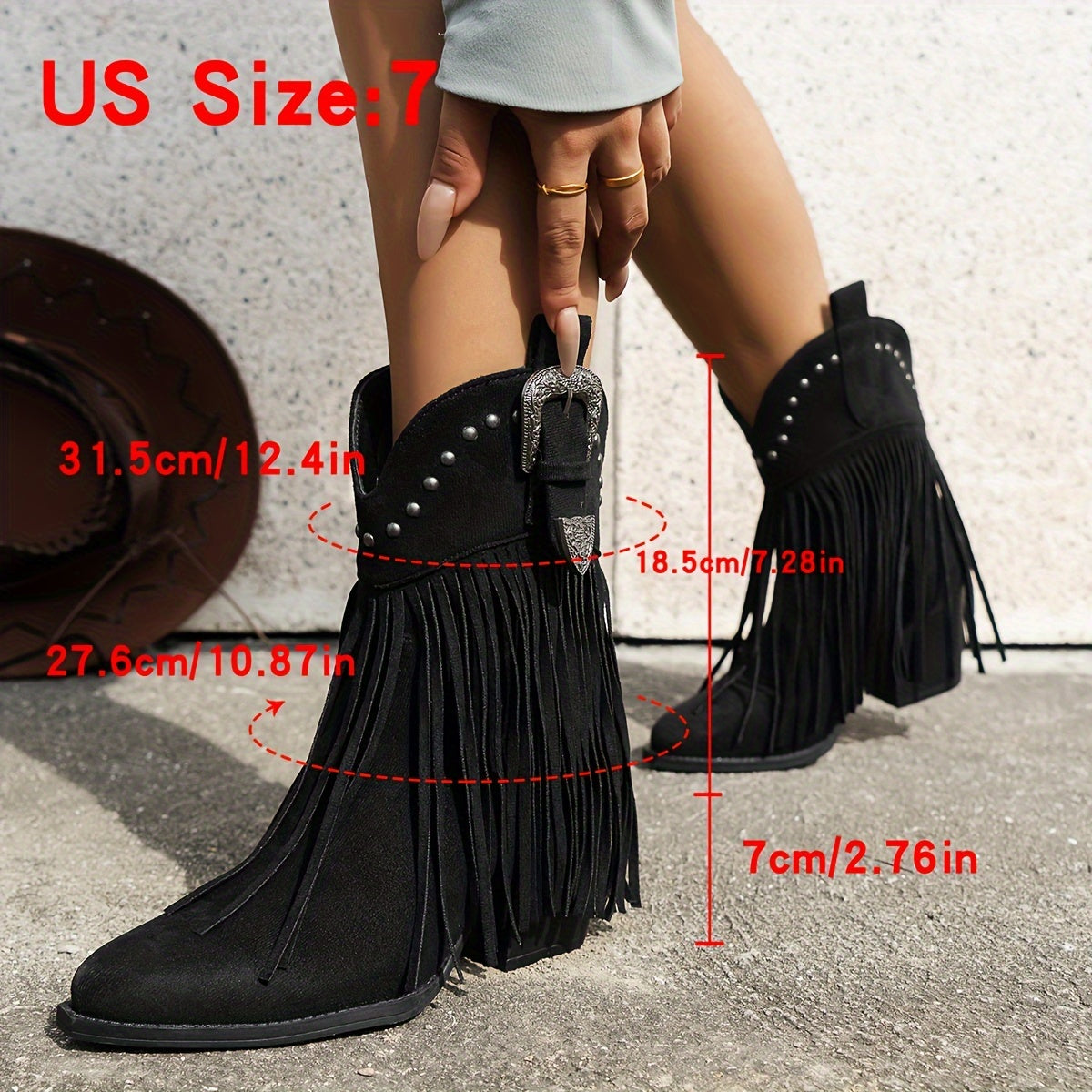 Chic Women's Mid-Calf Western Cowboy Boots with Tassel & Studded Details, Pointed Toe, Chunky Heel - Slip-On Casual Style