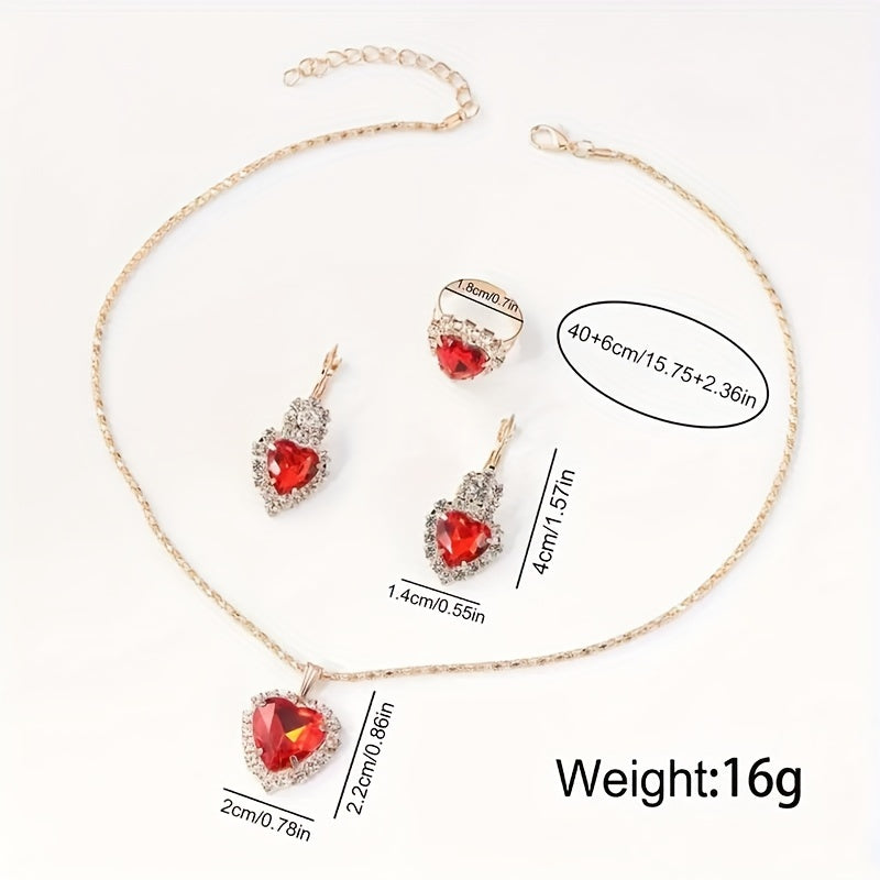 Fashionable 5-Piece Ladies Quartz Wrist Watch Set with Heart Jewelry - Round Red Dial PU Leather Band Zinc Alloy Case Non- Analog Watches with Matching Necklace, Ring, and Earrings