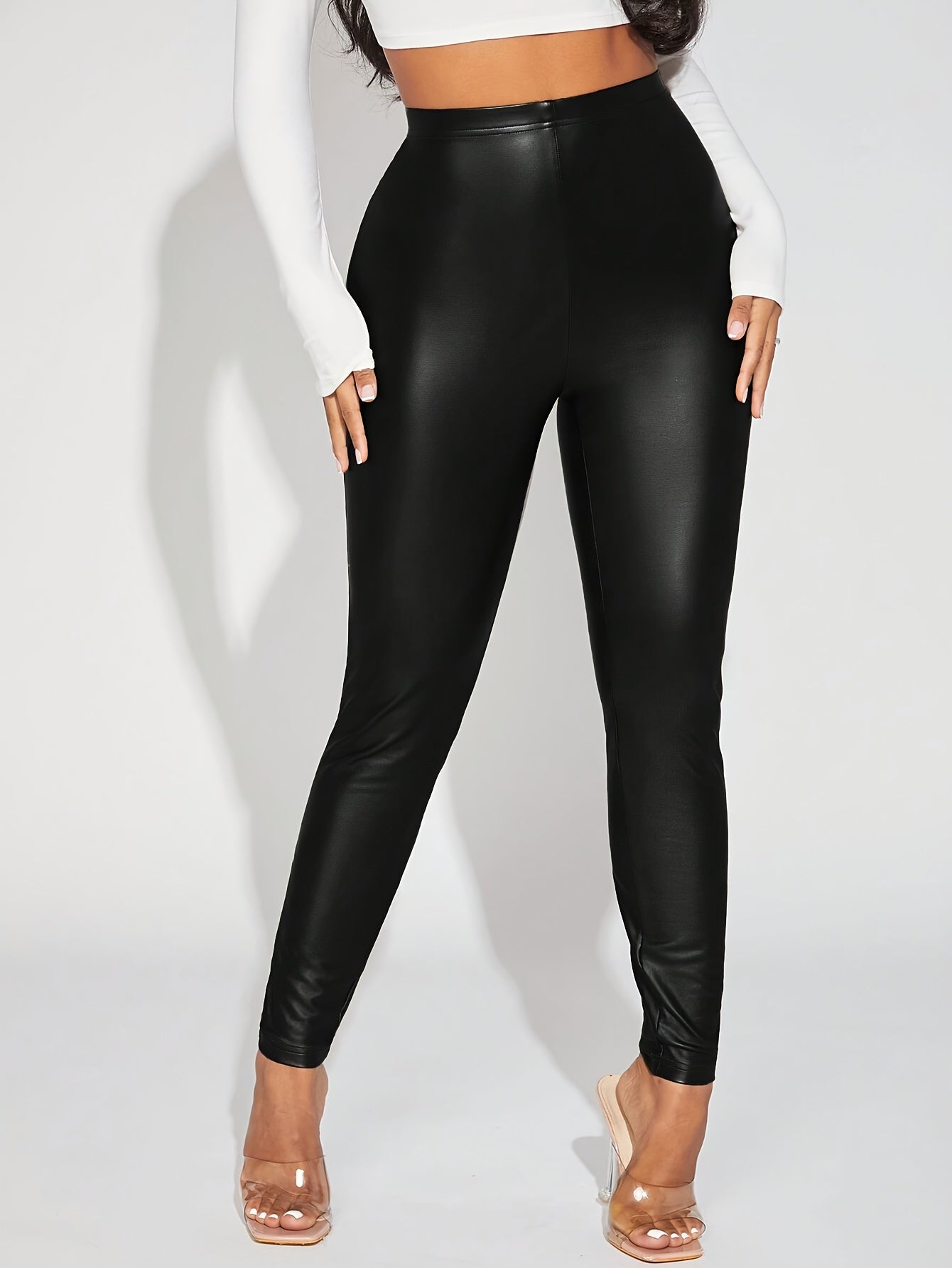 Faux Leather Skinny Leggings, Casual High Waist Stretchy Leggings for Spring & Summer, Women's Clothing
