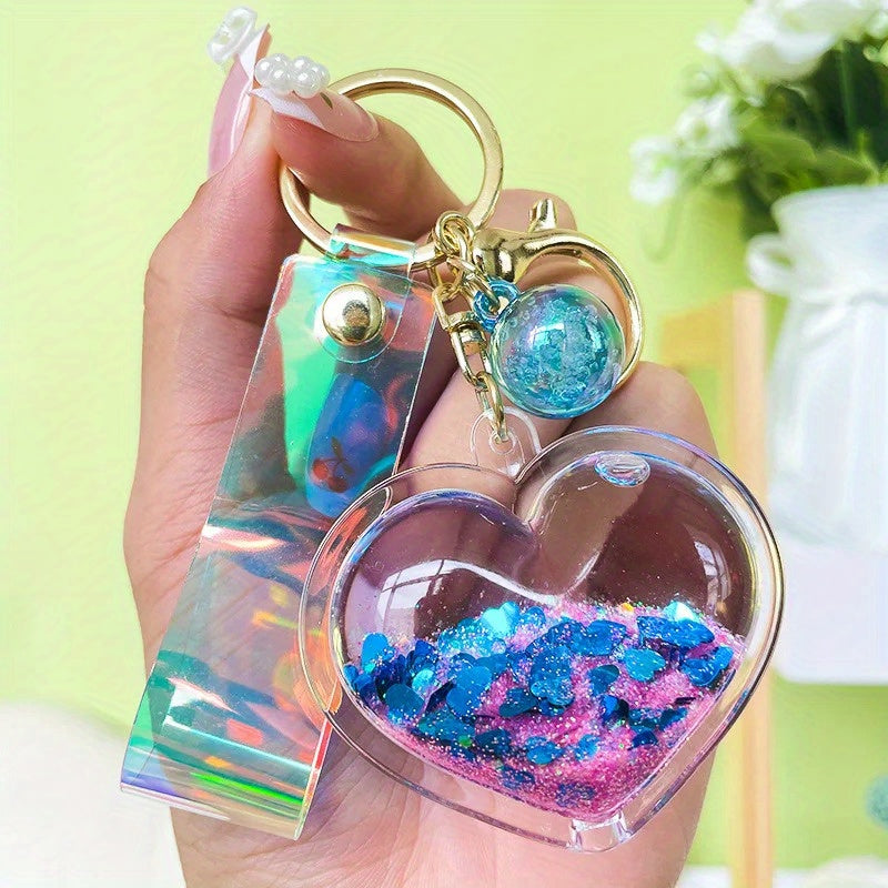 Acrylic Heart-Shaped Keychain with Quicksand Glitter, Trendy Fashion Bag Accessory, Exquisite Cute Keyring with Love Theme