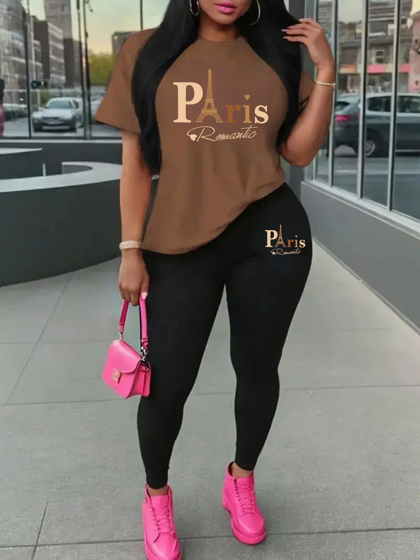 Eiffel Tower Paris-Inspired Women's Casual Outfit - Comfy Short Sleeve Tee & Stylish Pants Set, Machine Washable