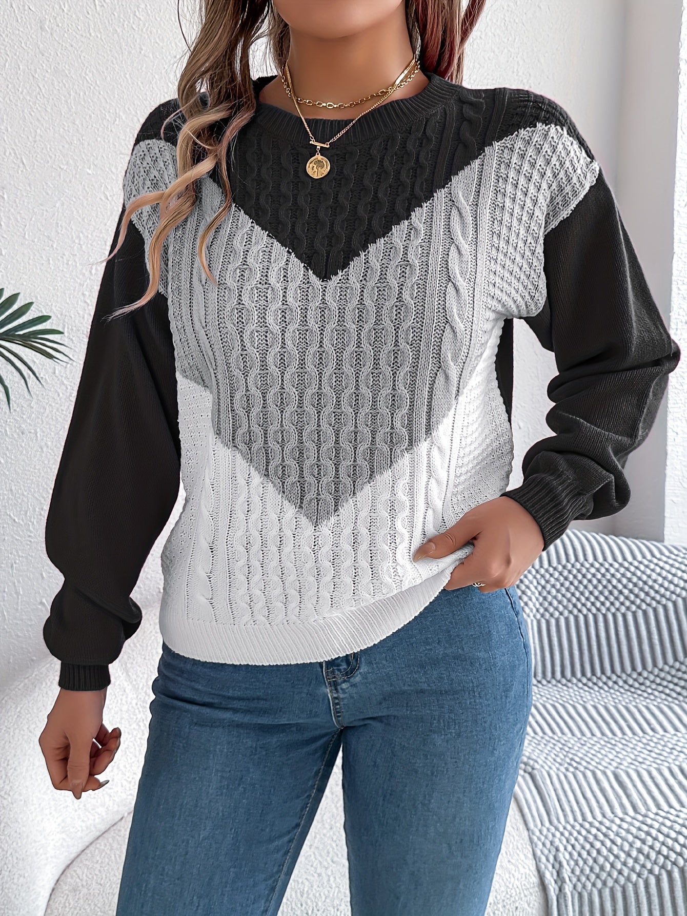 Color Block Crew Neck Sweater, Elegant Long Sleeve Sweater For Fall & Winter, Women's Clothing