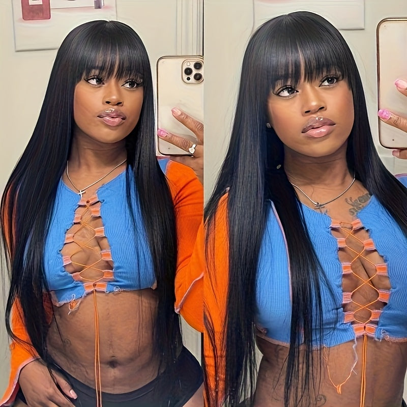 Glueless Bone Straight Wigs with Bangs 100% Long And True Length Human Hair Natural Black Color Wigs for Women Party Gifts Full Machine Made Rose Cap Straight No Glue No Lace Wigs 16inch-40inch