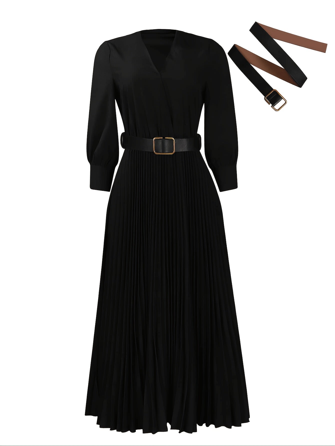 Elegant V-Neck Pleated Midi Dress with Belt for Women - Chic Long Sleeve, Cinched Waist, Ribbed Texture, Perfect for Spring & Fall Formal Event