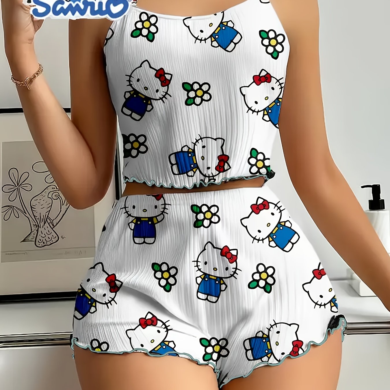 Sanrio for hello kitty Women'S Shorts Set - Elegant Off-Shoulder, Cartoon Print, Polyester Knit Pajamas with Ruffle Detail, All-Season Comfort, Adult Sleepwear, Shorts Set|Playful Print|Polyester Fabric