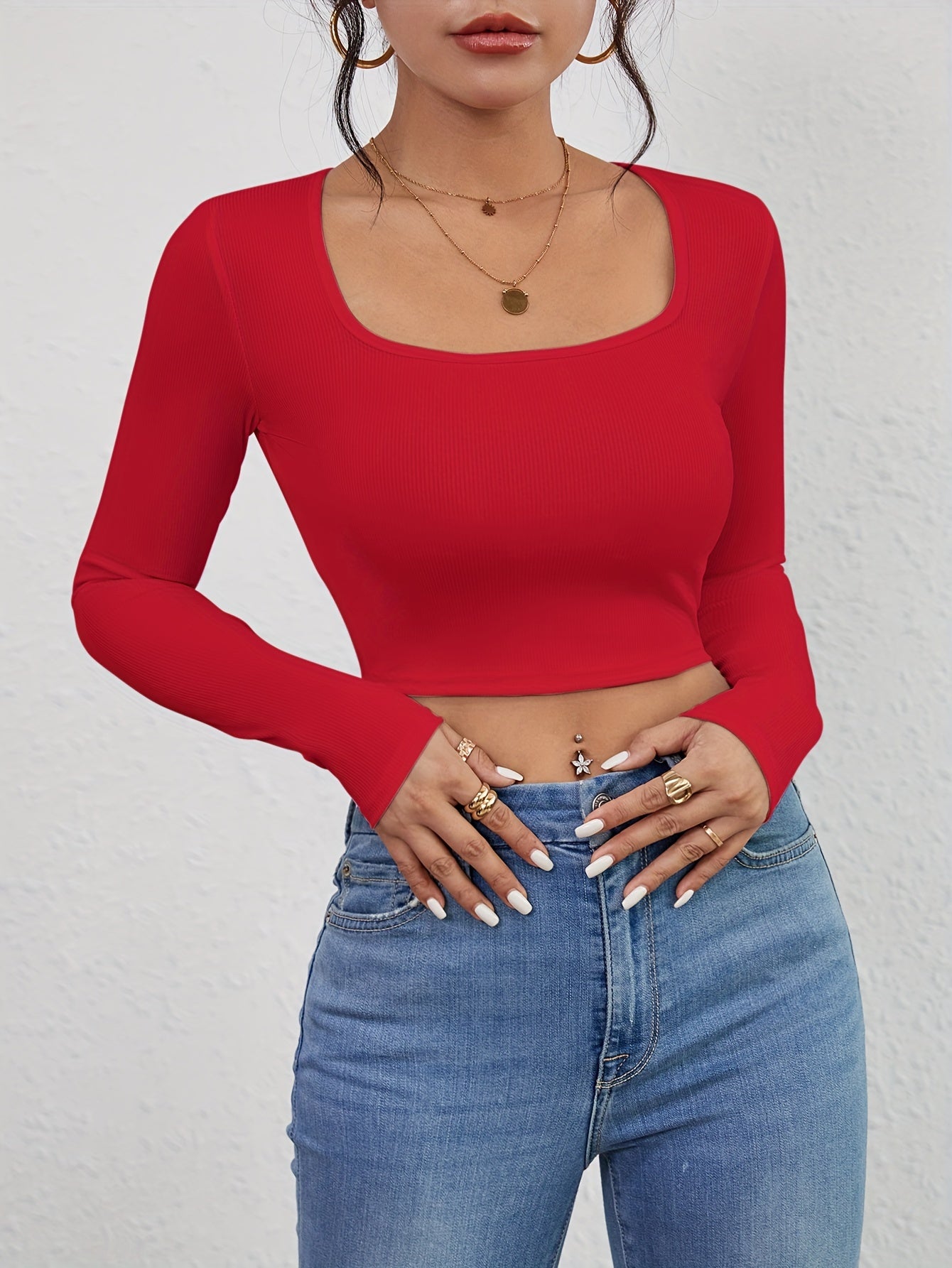 Squared Neck Cropped T-shirt, Casual Long Sleeve Solid T-shirt, Women's Clothing