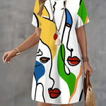 Women'S Casual Summer Dress with Vibrant Abstract Face Print - Short Sleeve, Loose Fit, All-Season, T-Shirt Style, Allseason Dress | Vibrant Print Dress | Comfortable Fit, Plus Size Dress