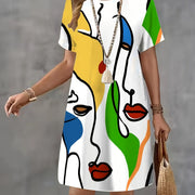 Women'S Casual Summer Dress with Vibrant Abstract Face Print - Short Sleeve, Loose Fit, All-Season, T-Shirt Style, Allseason Dress | Vibrant Print Dress | Comfortable Fit, Plus Size Dress
