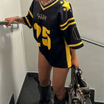 Women's Black V-Neck T-Shirt with Number 25 & Star Print - Stretch Knit Casual Short Sleeve Top, Soft Polyester Blend, Machine Washable, Perfect for Casual Attire