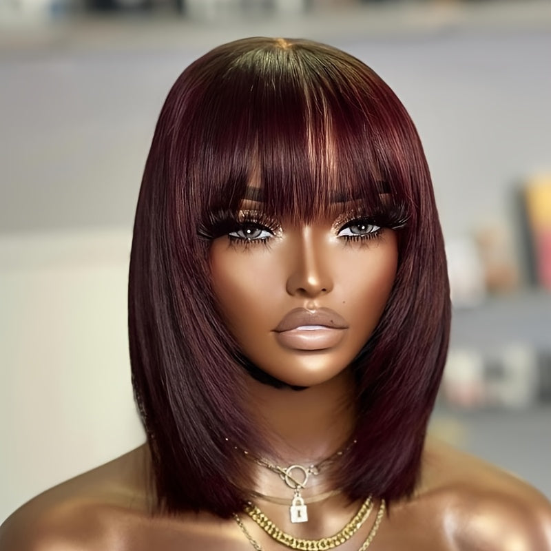 Burgundy Brazilian Virgin Human Hair Wig - 99J Short Straight Bob with Bangs, Glueless Comfort Fit, 180% Density Rose Net Cap, Natural Black Real Human Hair for Women, All Ethnicities, Perfect Gift, Short Hair Wigs, Stylish H