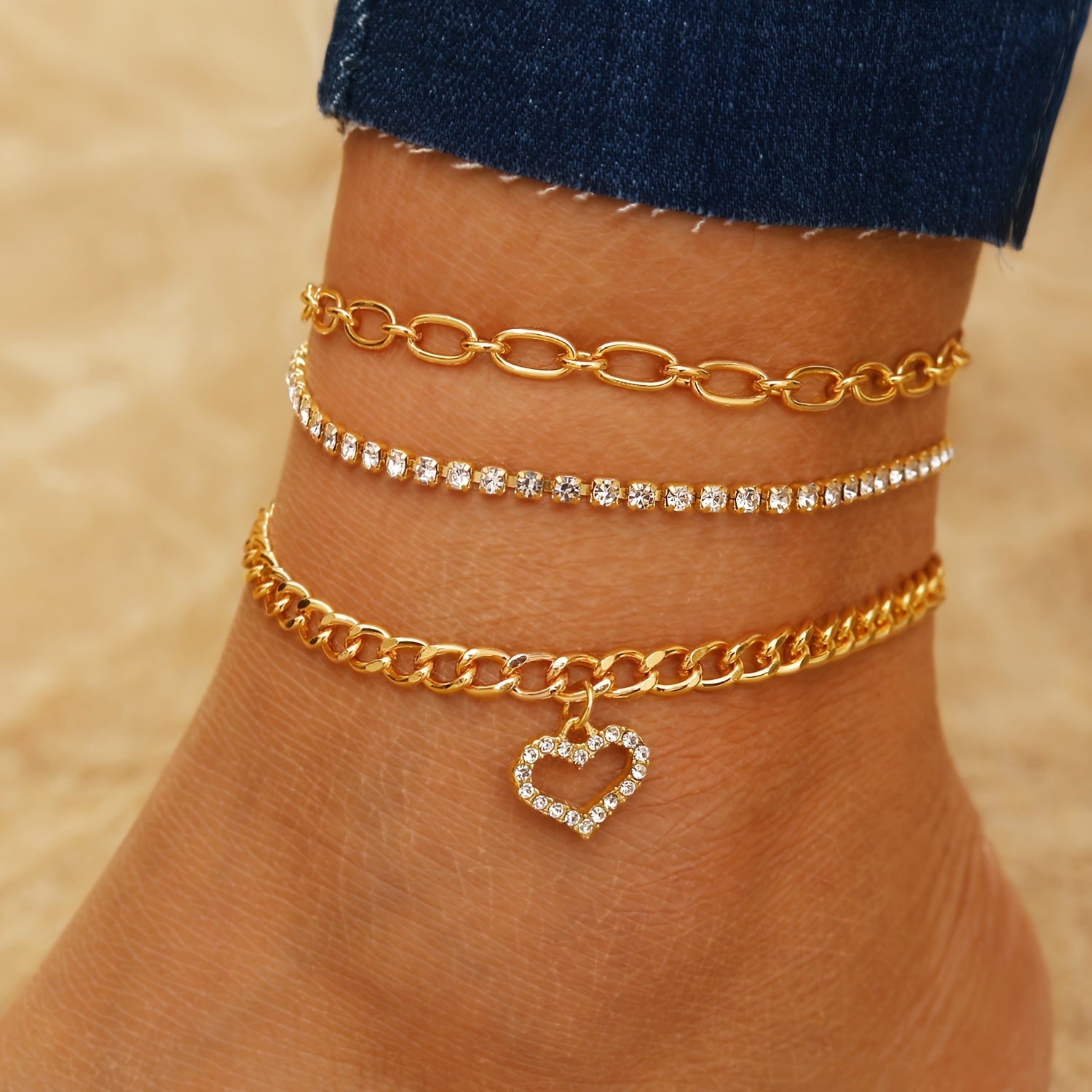 38pcs Bohemian Retro Anklets, Mixed Layered Chain With Star And Heart Pendants, Vintage Cuban Link Beach Vacation Jewelry, Multi-Layered Stackable Foot Chains For Women