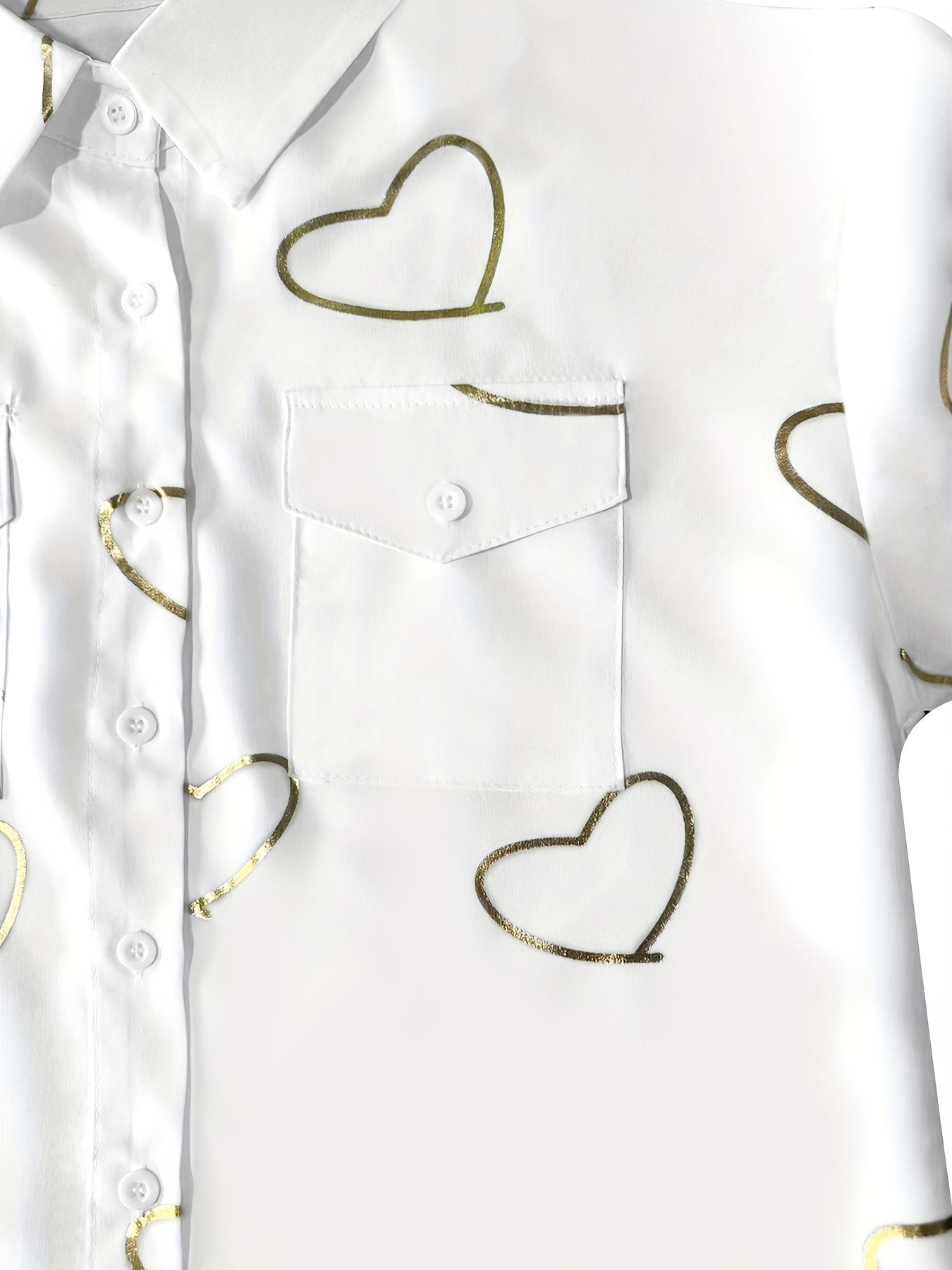 Heart Print Button Front Shirt, Casual Long Sleeve Dual Pockets Blouse For Spring & Fall, Women's Clothing