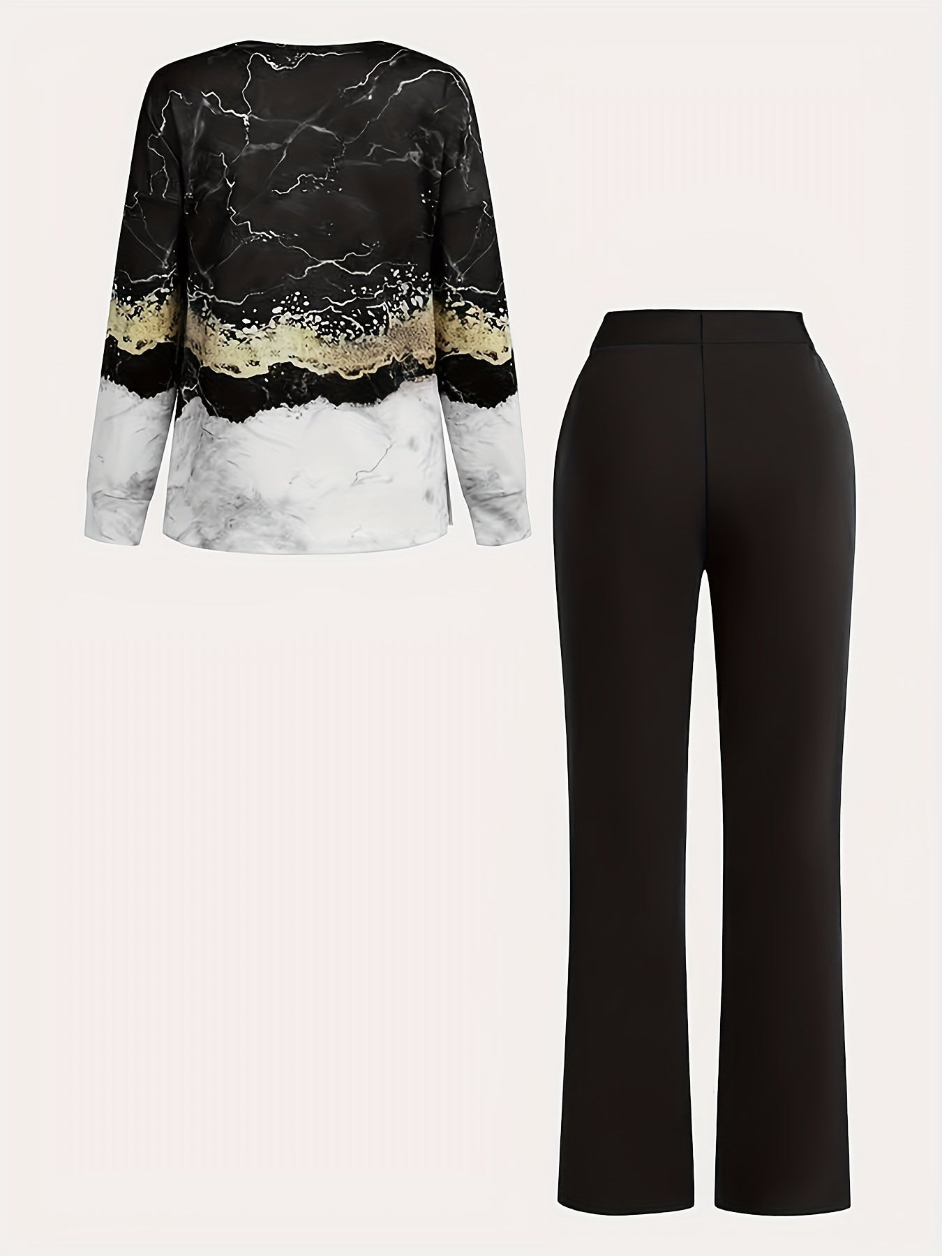 [Printed Two-piece Set] Two-piece Set - V Neck Long Sleeve Top & Wide Leg Pants Outfits - All Over Print, Women's Clothing