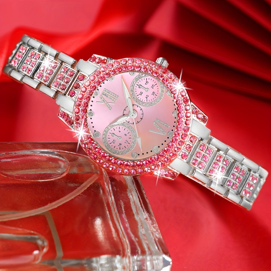 4pcs Set Women's Fashion Quartz Watch & Jewelry Set, Pink Round Pointer Wristwatch with Rhinestone Bracelet And Necklace